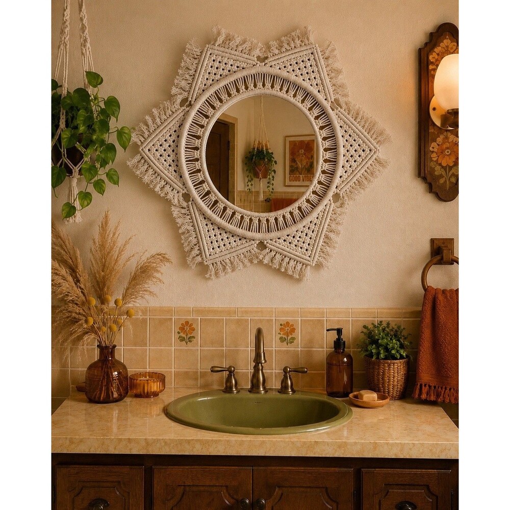 Boho Macrame Wall Mirror Round Fringe Woven Cotton Decor 20” Handmade Chic Home